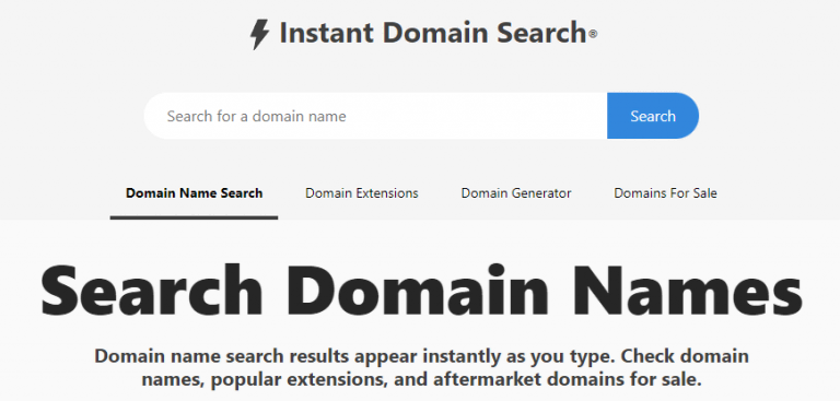 Screenshot van Instant Domain Search startpagina
