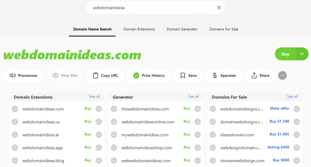 Screenshot van Instant Domain Search resultaat pagina
