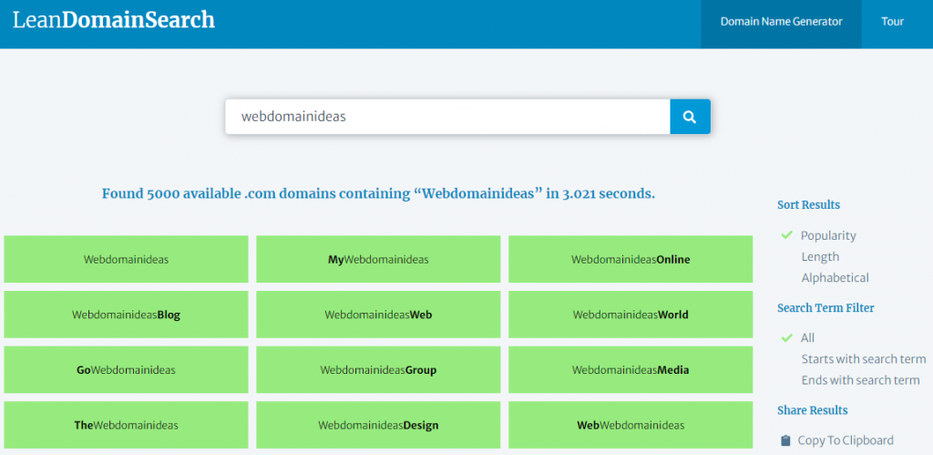 Screenshot van Lean Domain Search resultaat pagina
