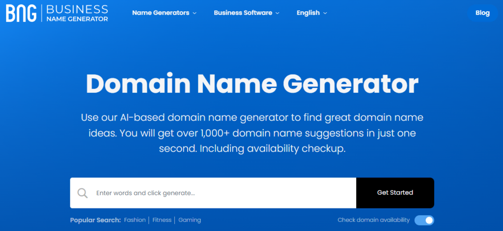Screenshot van Business Name Generator startpagina
