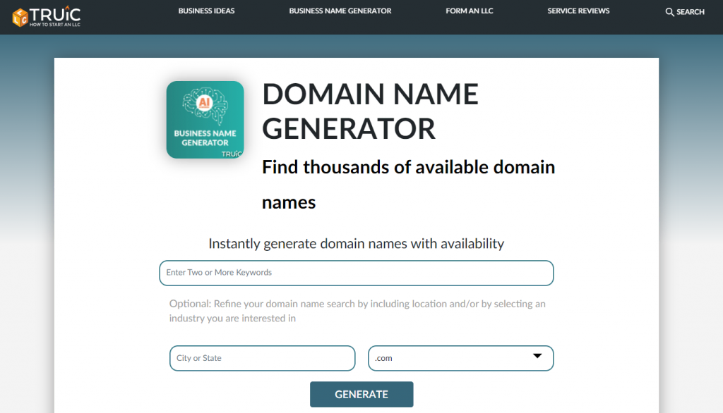 Screenshot van TRUiC domeinnaam generator startpagina
