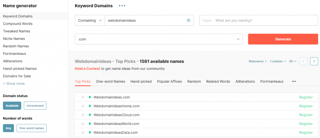 Screenshot van NameStation domeinnaam generator resultaat pagina
