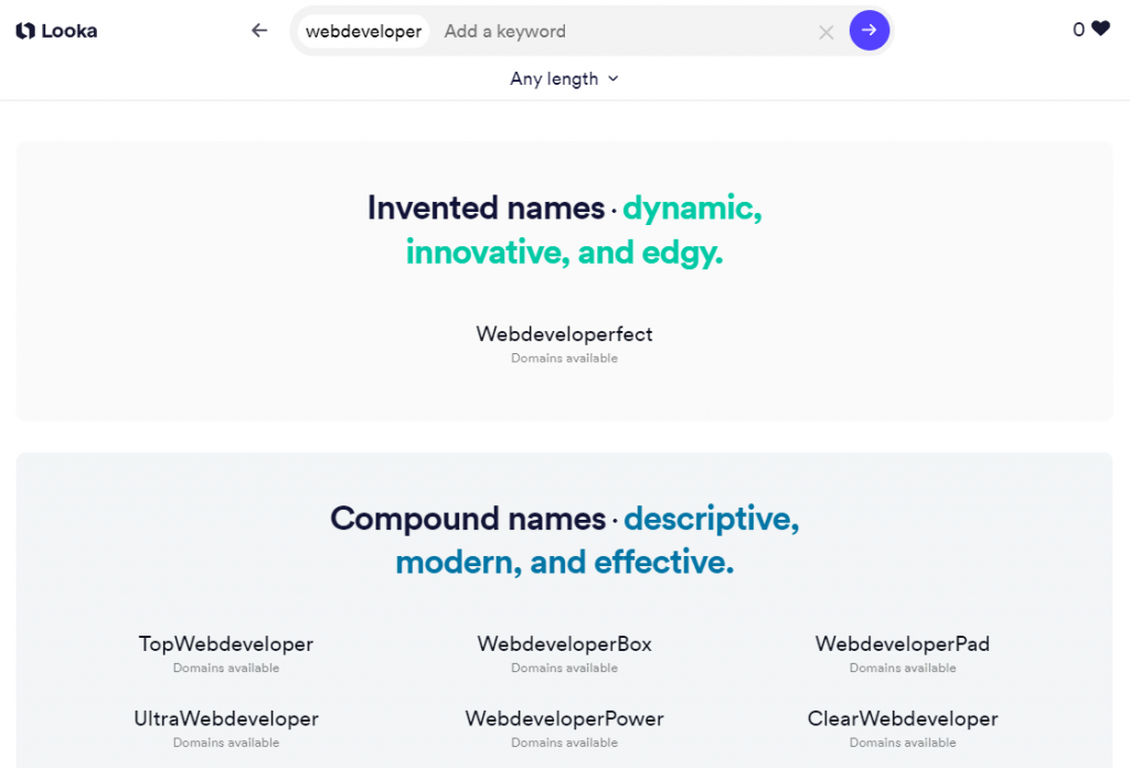 Looka business name generator resultaten in categorieën

