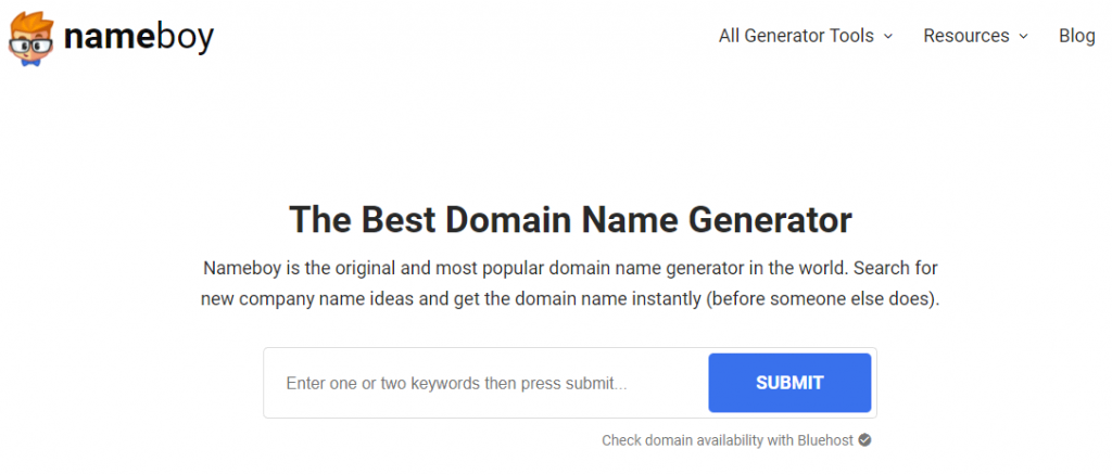 Screenshot van Nameboy domein generator startpagina
