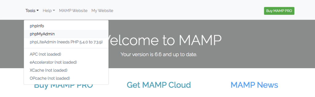 Ga naar het menu Tools en klik op phpMyAdmin in MAMP