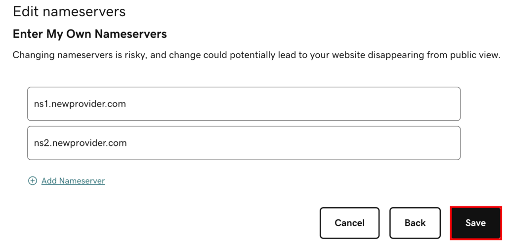 Kies de optie Mijn eigen naamservers invoeren (geavanceerd), voer de nieuwe naamservers in en klik op Opslaan.

