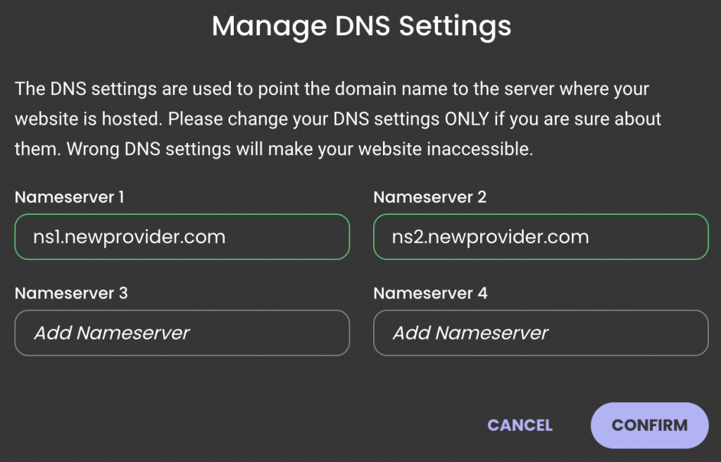 Voer de nieuwe naamservers in op de nieuwe pagina en klik op Bevestigen om de wijzigingen op te slaan.
