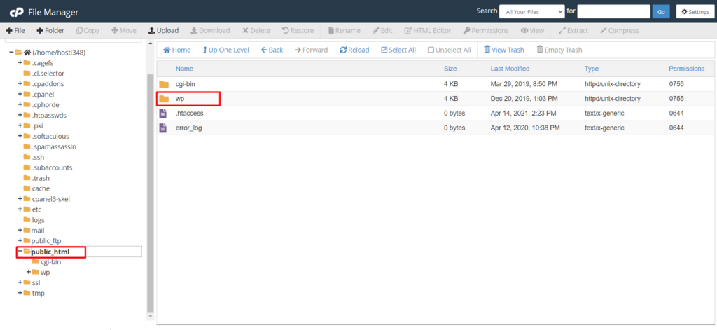 cPanel Bestandsbeheer - .htaccess bestand in de map wp