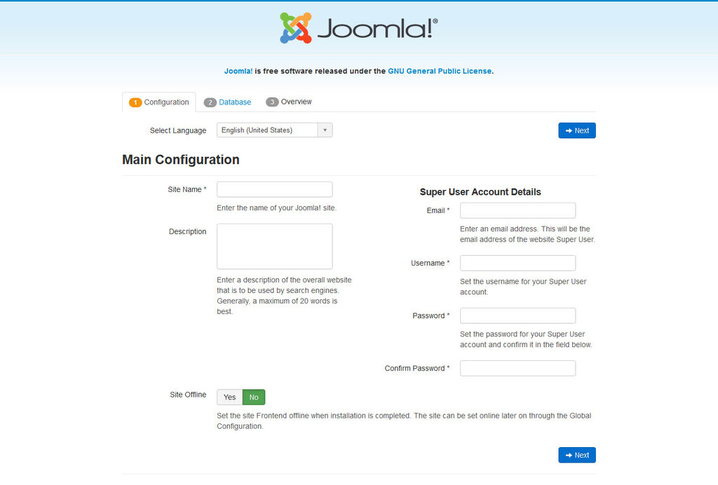 Hoofdconfiguratiepagina van Joomla