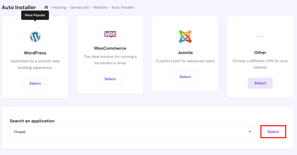 Drupal op je hostingserver installeren met hPanel. Klik vervolgens Selecteren.