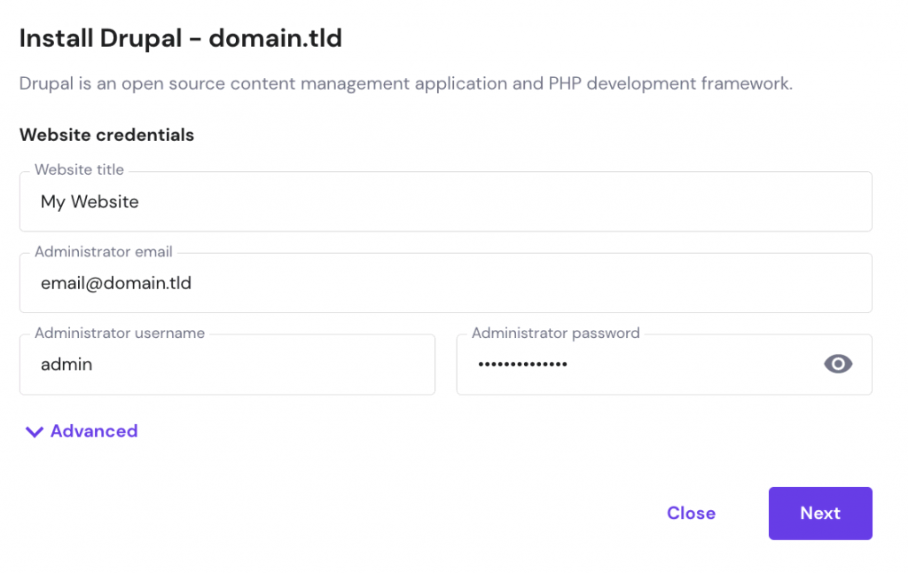 Vul in het pop-up formulier je admin login gegevens en databasegegevens in.