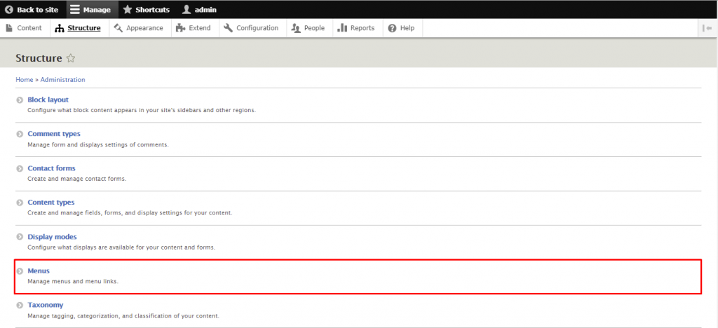 Menu's maken. Ga naar Structuur -> Menu's in het admin dashboard.