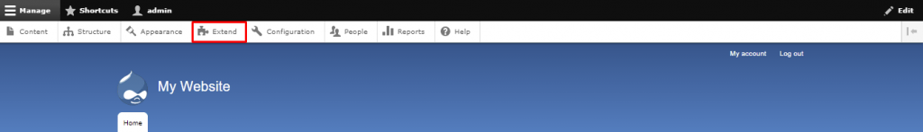 Ga terug naar de startpagina van Drupal. Klik op Beheer -> Uitbreiden.