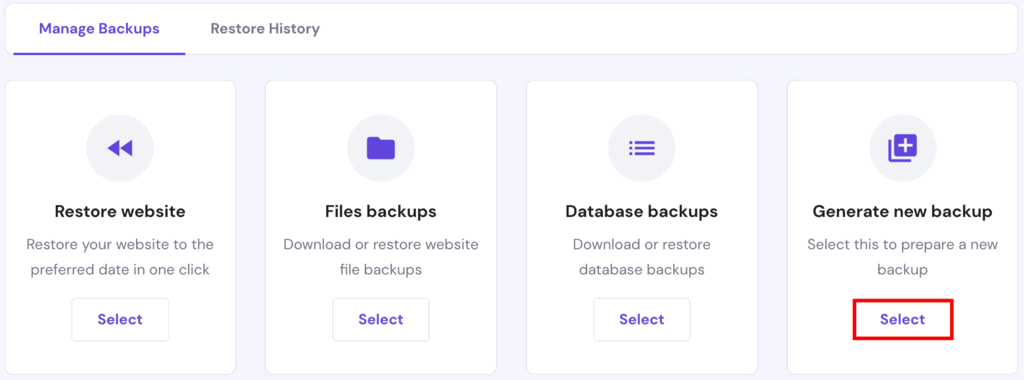 Drupal back-up maken. Klik op Selecteer onder de optie Genereer nieuwe back-up.
