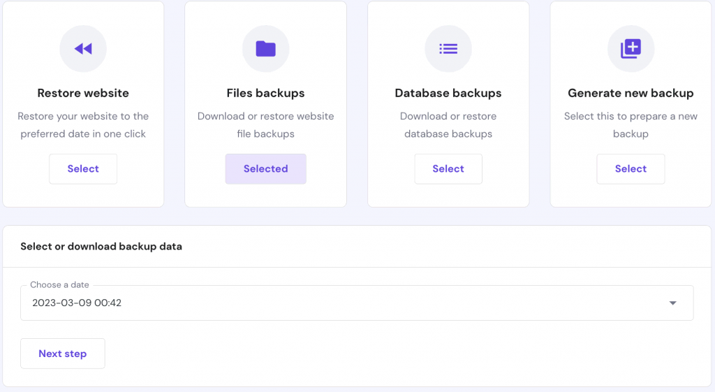 Klik op Bestanden back-ups en kies een back-upbestand uit het dropdownmenu. Gebruik de back-upgegevens die zijn gemaakt voordat de 302 fout optrad.