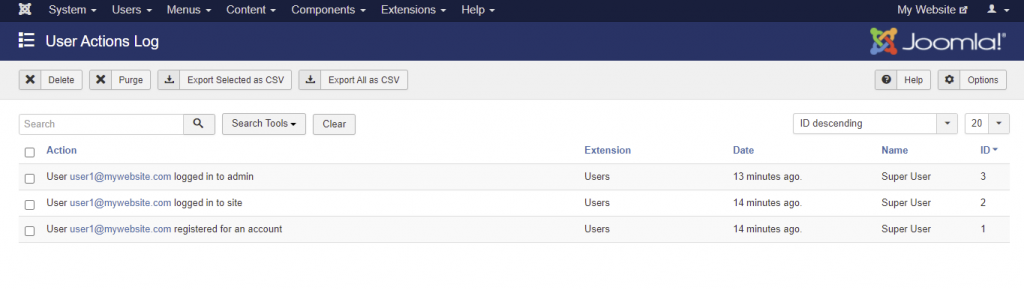 Captures d'écran du journal des actions des utilisateurs dans Joomla