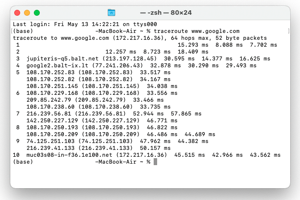 Resultados do comando Traceroute no macOS