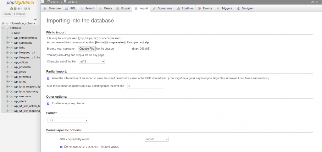 The Database Import tab within the phpMyAdmin interface.