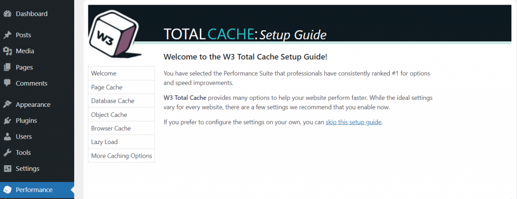 plugin-de-cache-wordpress Le guide d'installation sur le tableau de bord WordPress de W3 Total Cache