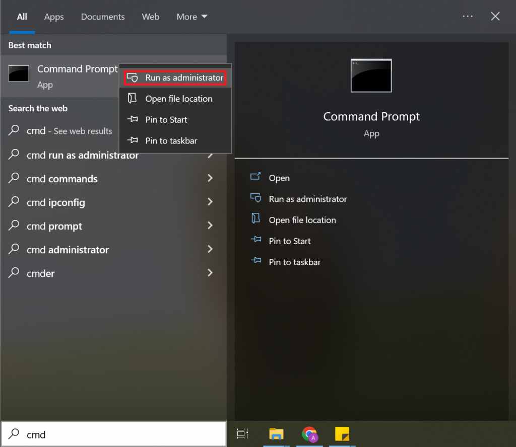 The Run as administrator option in the Command Prompt