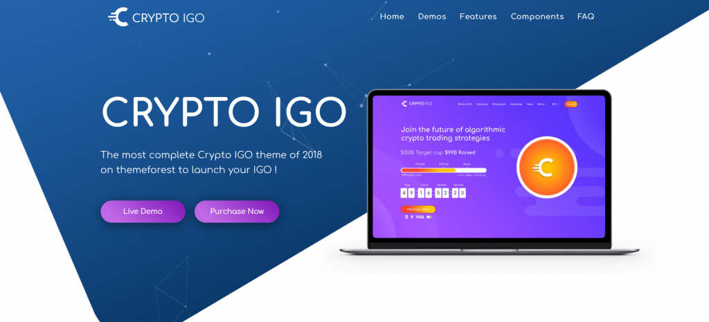 La page de prévisualisation de Cryptoigo, un thème WordPress
