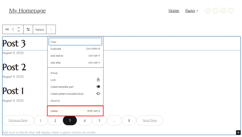 comment-ajouter-un-article-a-une-page-wordpress L'option Supprimer permet de supprimer le bloc Boucle d'interrogation.