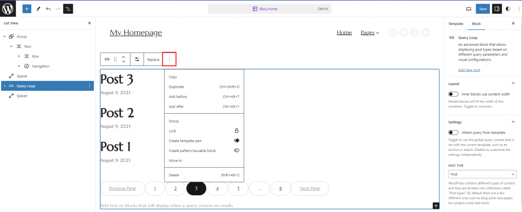 comment-ajouter-un-article-a-une-page-wordpress L'icône Options lors de la sélection du bloc Boucle de requête