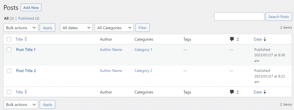 comment-ajouter-un-article-a-une-page-wordpress La section Articles de WordPress affiche une liste des articles publiés.