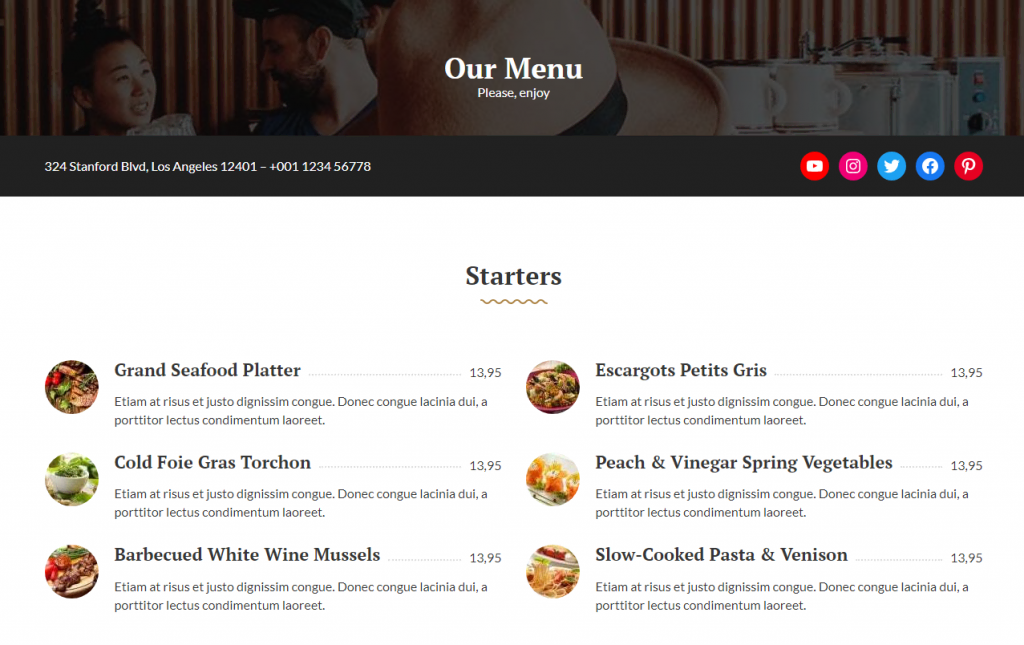 Le site démo du thème Carbone montrant la section menu