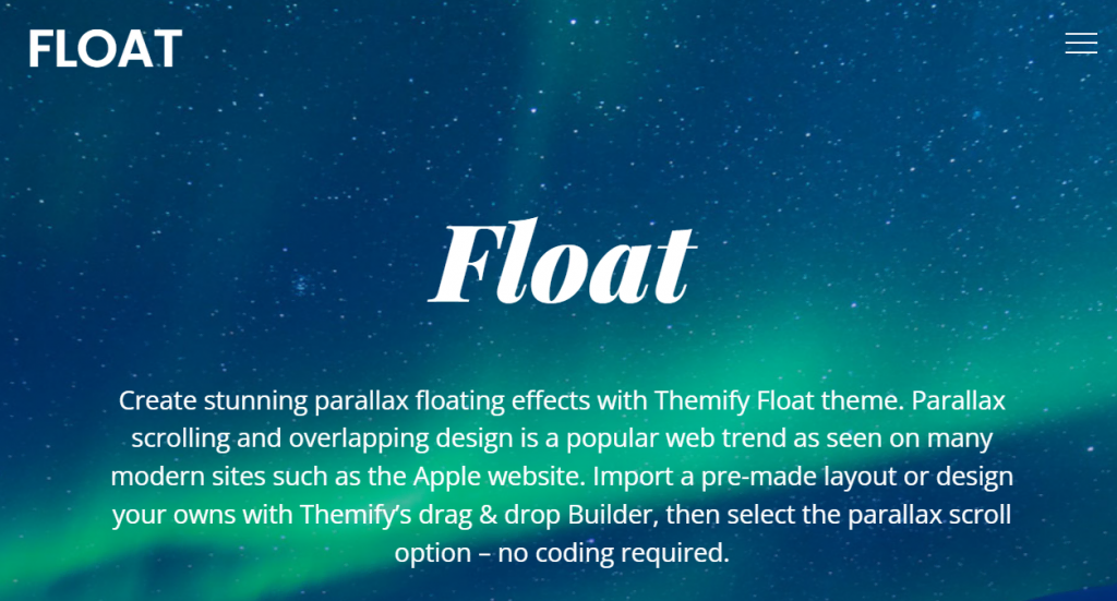 La page d'accueil du site démo du thème Float