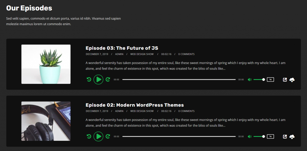 La section Nos épisodes du site démo du thème Tusant montrant les lecteurs de podcasts.
