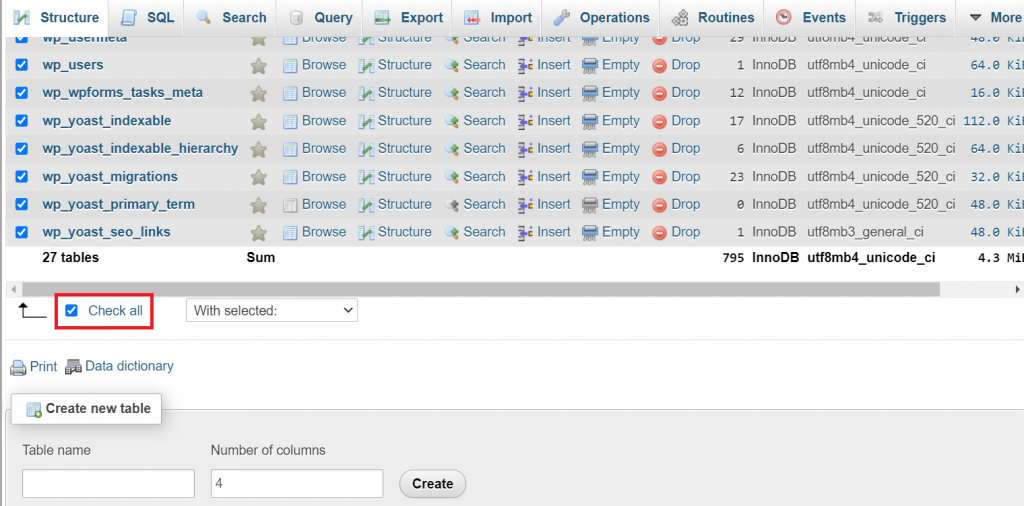 Toutes les tables de la base de données ont été vérifiées sur phpMyAdmin.