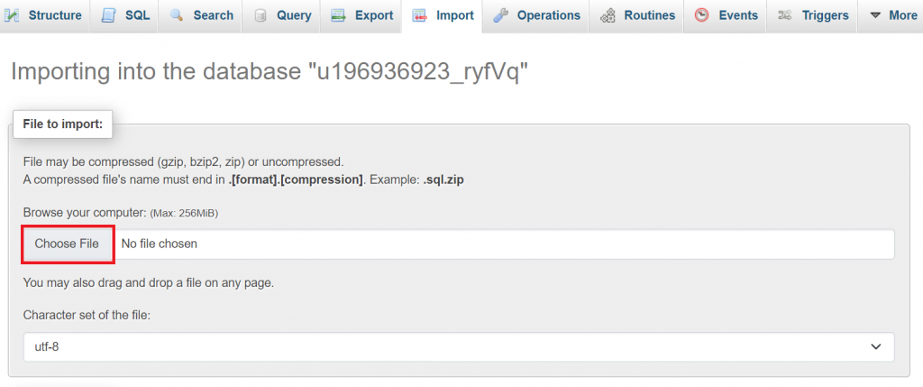 Le bouton Choose File (Choisir un fichier) est mis en évidence dans phpMyAdmin.