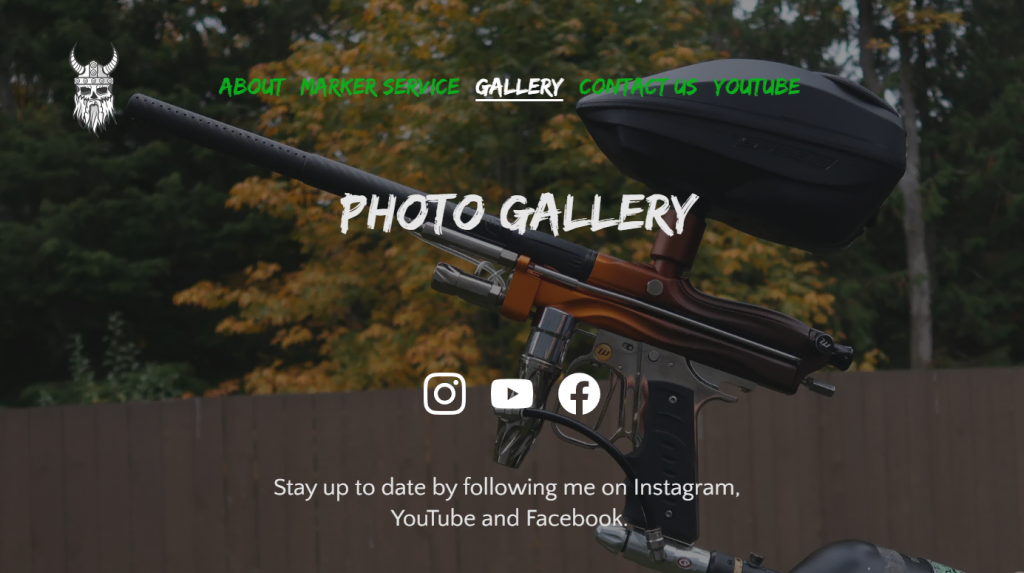 exemples-de-sites-de-services-professionnels Page de la galerie de photos de Repair Paintball avec liens vers les réseaux sociaux attachés.