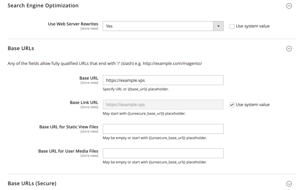 Configuración de ajustes relacionados con la web en Magento 2
